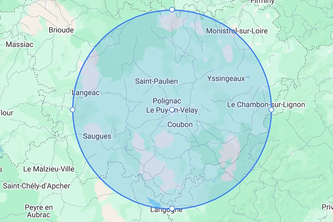 Carte de la zone d'intervention au Puy en Velay + 35km